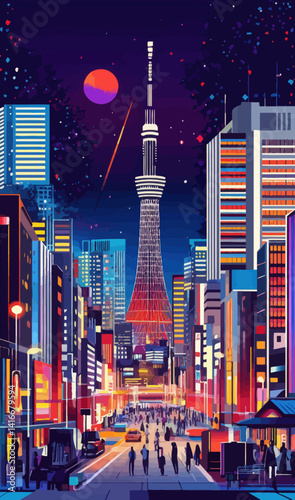 Tokyo Nightscape Travel Poster Illustration with Colorful Skyscraper and City Life