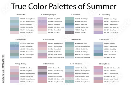 Colour Swatches Combinations 12x6 True Colors of Summer - 3d Light Soft, Muted, Pastel Tones - with HEX Codes and Names, Color Palette, Scheme, Chart