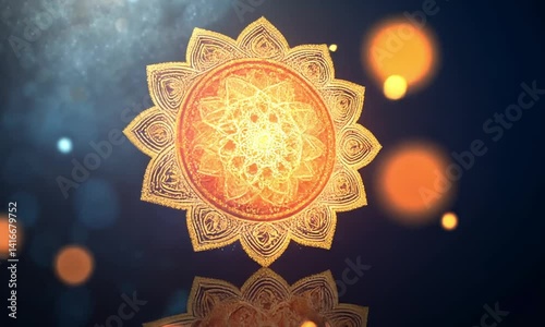 Tranquil flowing arabesque elements in gold with symmetry on deep blue made with Generative AI technology
