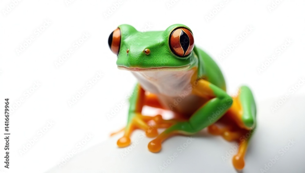 Obraz premium Green tree frog perched on white, vibrant skin, closeup, ecology, exotic