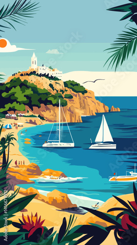 Retro Ibiza Spain Coastal Travel Destination Poster Vector Art Illustration