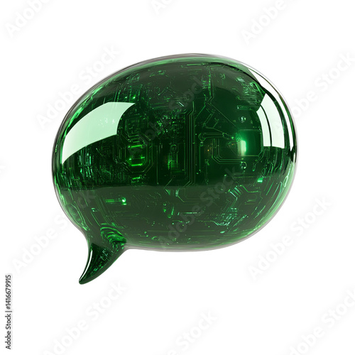 Png of A sleek green digital speech bubble with intricate circuitry patterns, symbolizing technology and communication.