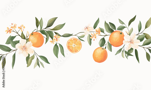 Minimalist Watercolor Orange Blossom Branches with Oranges and Flowers SVG Vector