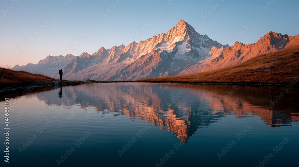 Fototapeta premium Sunrise Hiker Mountain Lake Reflection Alpine Landscape Photography