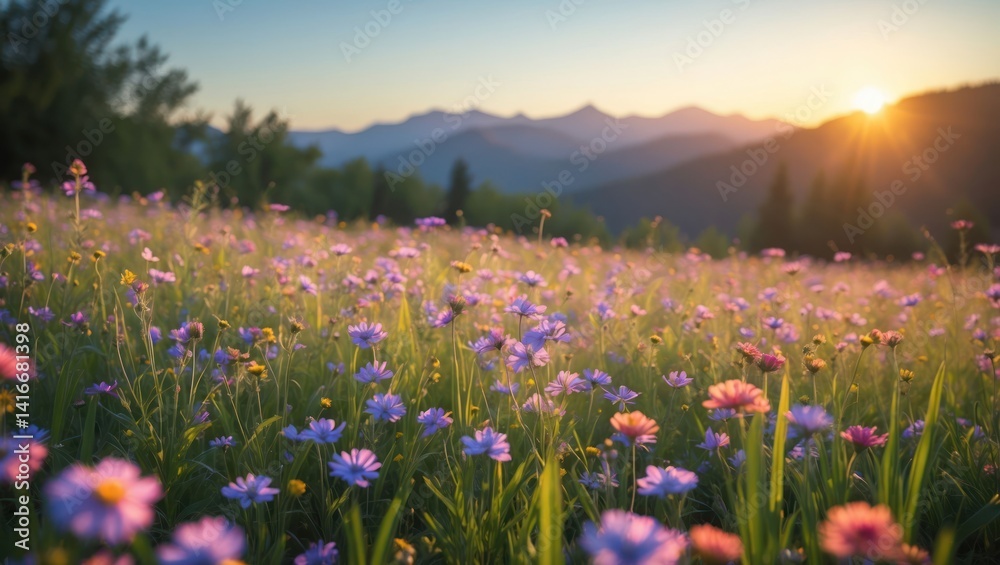 Fototapeta premium Wildflower Meadow at Sunset with Mountain Views Landscape Background