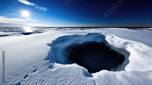 Frozen Abyss. A gaping hole in a snow-covered landscape, revealing a dark, icy abyss beneath. 