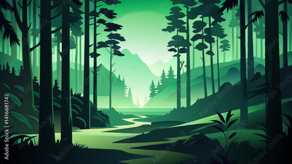 Dramatic Black and Green Forest Landscape – Cinematic Ink-Style Nature Art