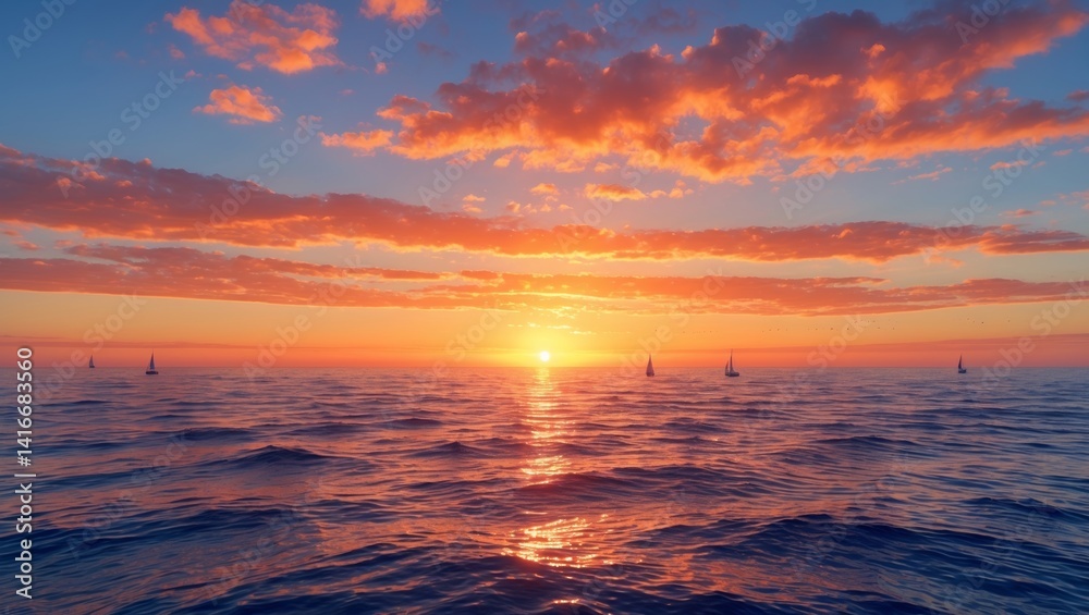 Fototapeta premium Vibrant Sunset over Ocean with Sailboats A Stunning Seascape