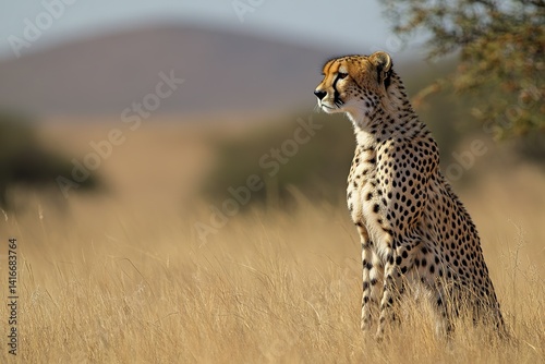 A solitary cheetah sitting tall in the grass, its golden coat blending with the environment