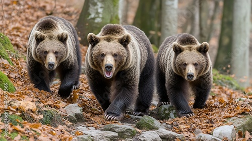 Three brown bears traverse a forest path in autumn. photo