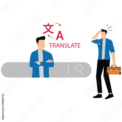 Two businessmen are communicating with machine translation application or internet technology. Translate languages to connect diverse languages of the world