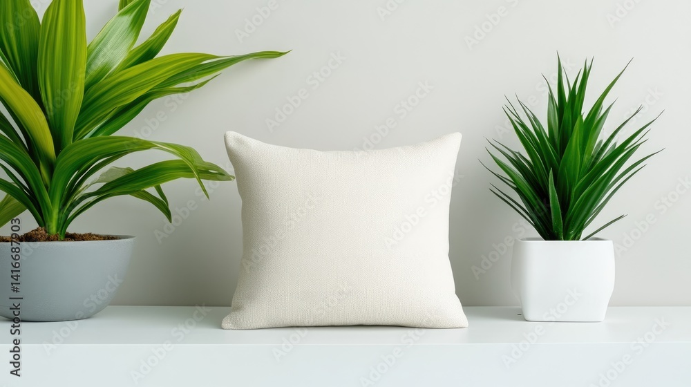 Fototapeta premium Simple cream colored throw pillow on a white shelf with plants