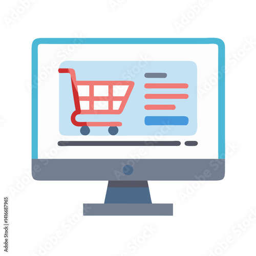Desktop with Shopping Cart Icon Representing Online Shopping and E-commerce