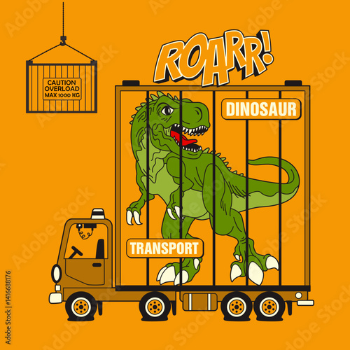 Dinosaur with transporter truck  ,animal cartoon vector illustration