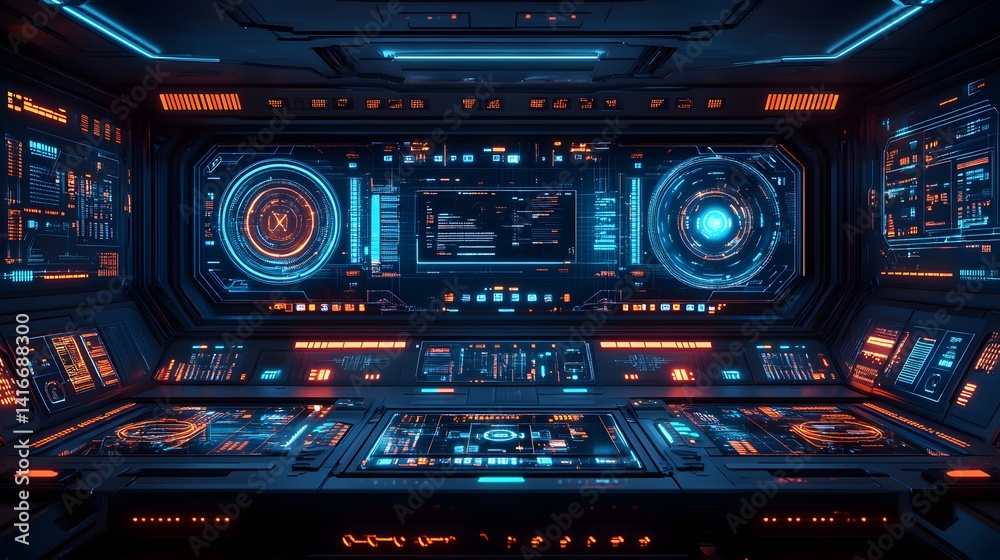 Fototapeta premium Futuristic spaceship cockpit interior, glowing with technological displays.