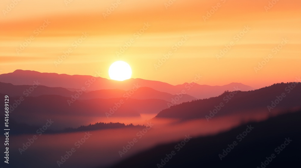 Serene sunset over layered mountain with misty valleys and soft clouds in the background