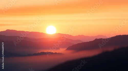 Obraz na płótnie Serene sunset over layered mountain with misty valleys and soft clouds in the background w salonie