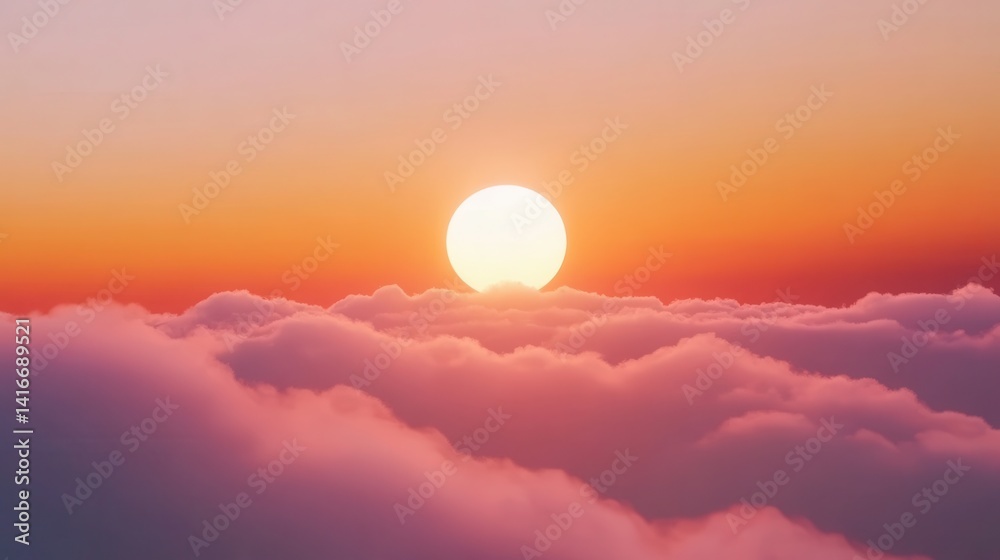 Serene sunset view above fluffy clouds, with vibrant colors painting the sky at dusk