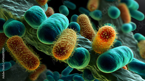 A vibrant close-up of colorful bacteria showcasing intricate details and structures.