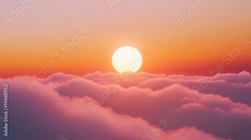 Obraz na płótnie Serene sunset view above fluffy clouds, with vibrant colors painting the sky at dusk w salonie