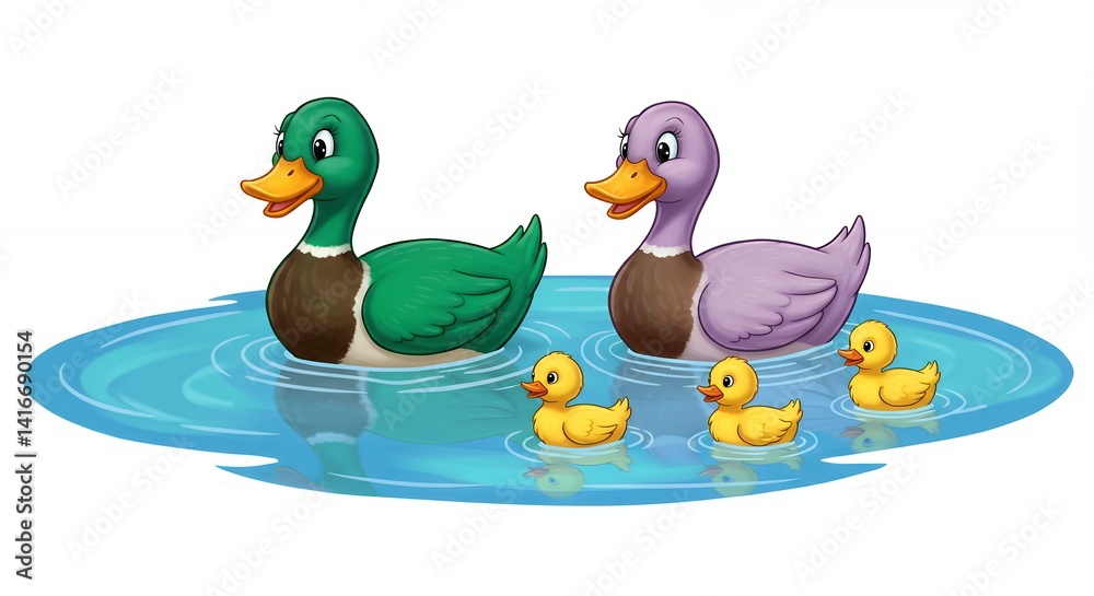 Obraz premium Ducks family swimming in pond cartoon illustration