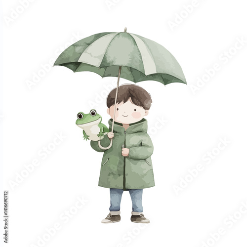 Joyful Friendship: A whimsical illustration of a cheerful child, shielded by a green umbrella, happily holding a friendly frog, evoking a sense of childhood wonder.