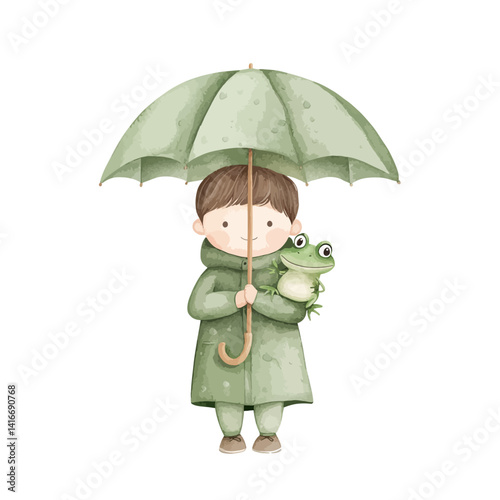Boy and Frog under umbrella: A whimsical watercolor illustration captures a charming scene of a young boy sheltering himself and a friendly frog beneath a pastel green umbrella.