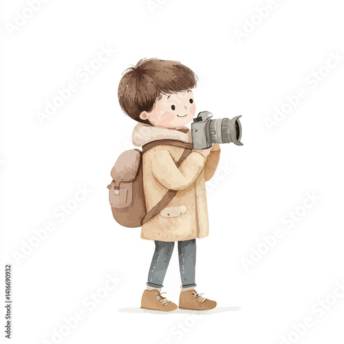 Young Photographer: A cheerful young boy with a backpack happily takes photos with his camera.