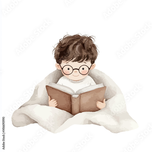 Young Reader Immersed in Literature: A charming illustration captures a young boy engrossed in the pages of a book, wrapped in a cozy blanket.