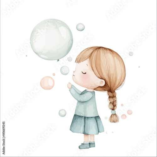 Little Girl Blowing Bubbles: A sweet watercolor illustration of a little girl with long brown hair blowing bubbles in the air, evoking childhood innocence and joyful play.