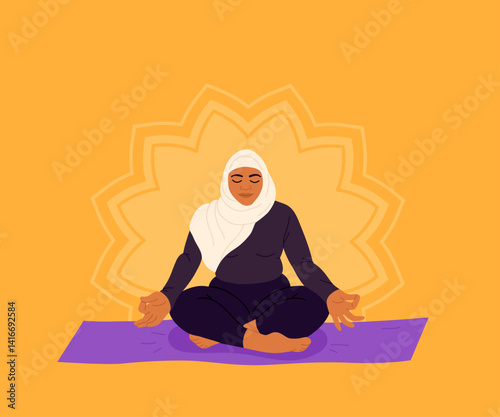 Muslim woman doing yoga exercise. Sport fitness for women in hijab. Body positive concept vector illustration.