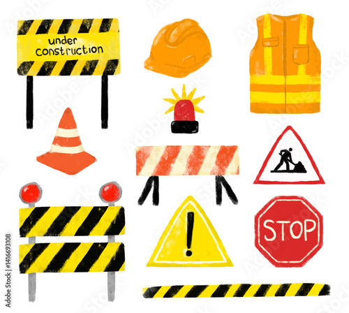 Cute set collections of safety road sign construction site doodle kids illustration watercolor street traffic element boy birthday party theme