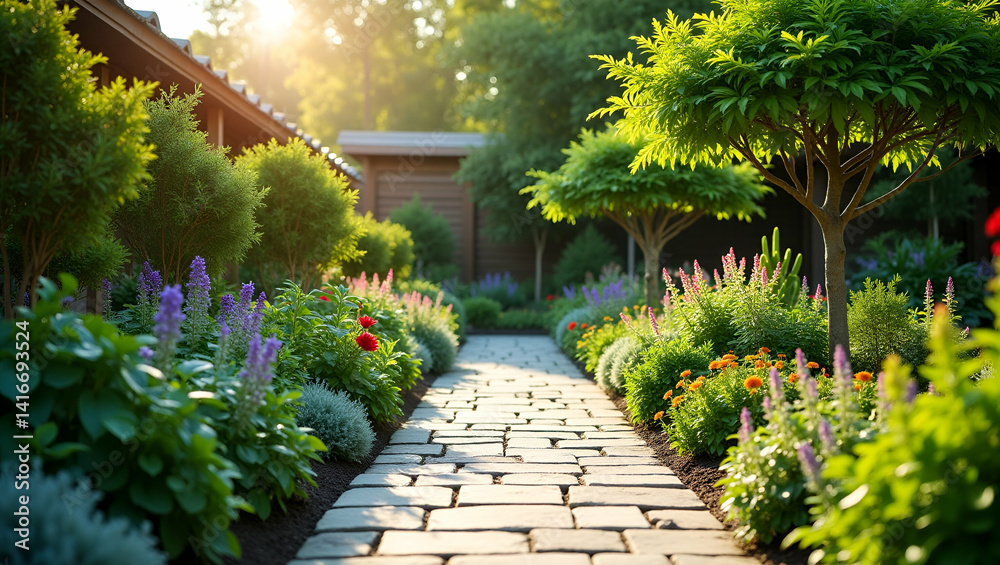 Naklejka premium Dynamic Gardening & Landscaping: Sustainable Horticulture Meets Creative Outdoor Design for Vibrant Green Environments - Ideal for Eco-Friendly Projects