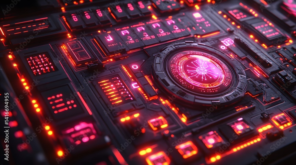 Obraz premium Close-up view of glowing futuristic circuit board.