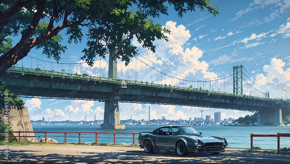 Obraz premium Cityscape featuring a sports car and a city bridge across the river in anime style