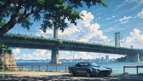 Cityscape featuring a sports car and a city bridge across the river in anime style