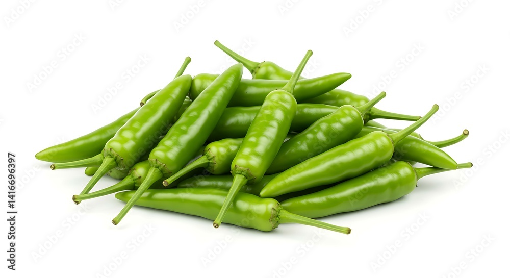 Green chili peppers with stem on white background Green chili peppers with stem on white background