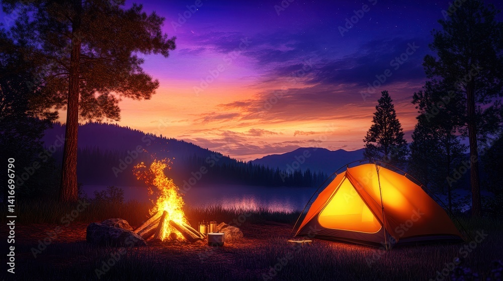 Serene camping scene at dusk with glowing tent, campfire, and tranquil lake in the background
