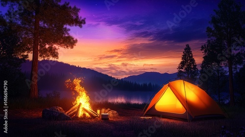 Obraz na płótnie Serene camping scene at dusk with glowing tent, campfire, and tranquil lake in the background w salonie