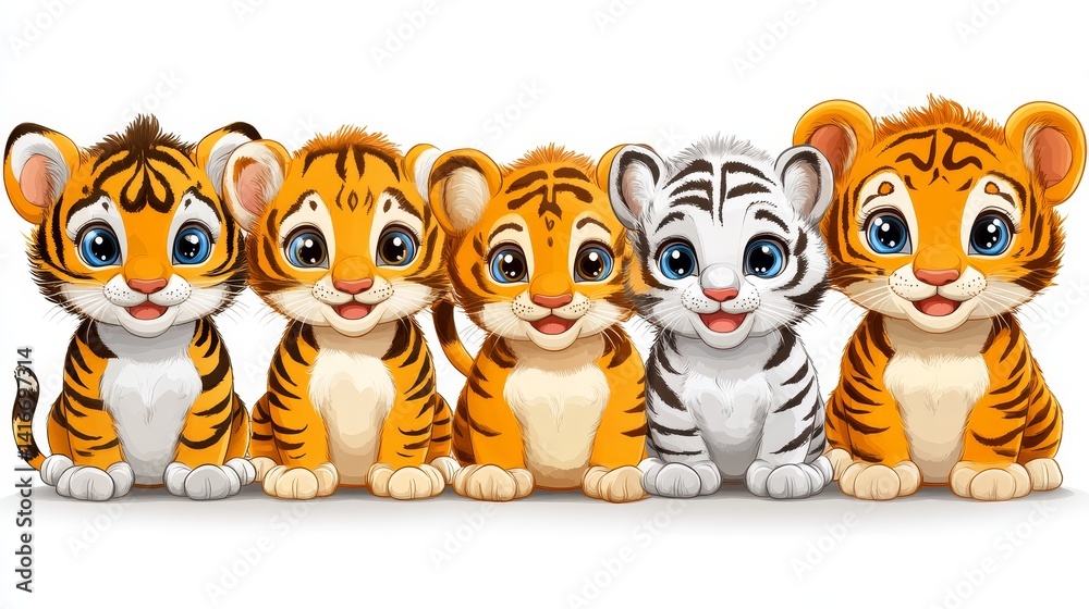 Fototapeta premium Adorable tiger cub cartoon illustration a playful collection of cute tiger characters perfect for children's content animal themed designs and cheerful graphics