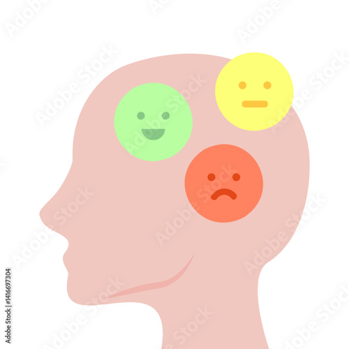 Human head with happy and sad emoji faces. Depression, mental health, pressure, anxiety, burnout concept.  Flat character vector design isolated illustration.