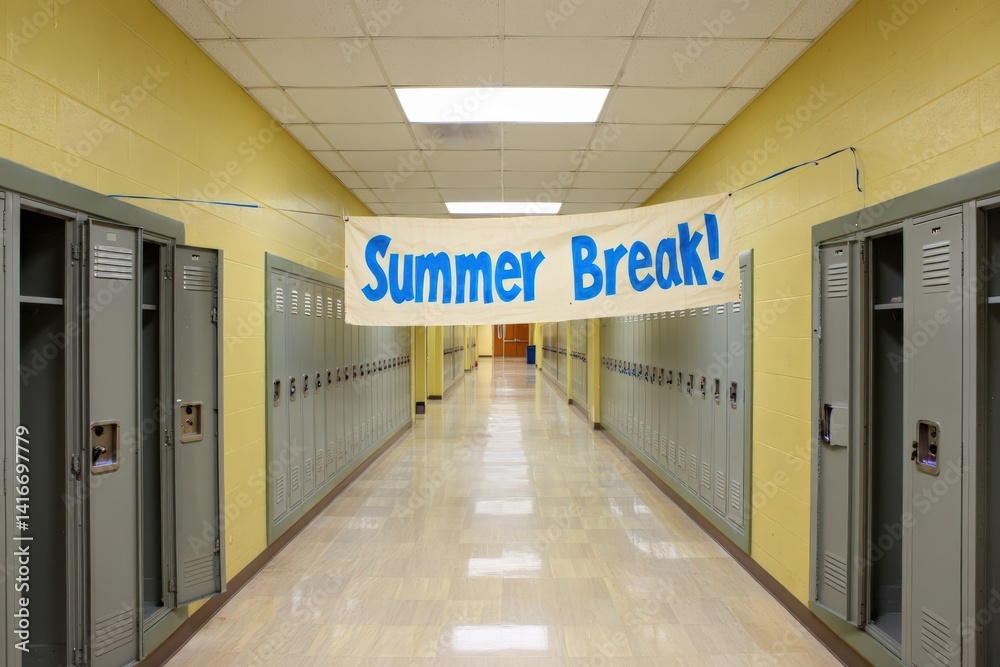 Fototapeta premium Empty school hallway with summer break banner hanging from ceiling