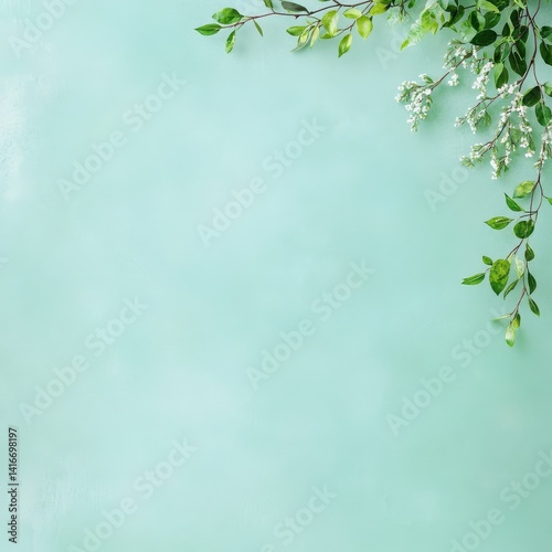 Delicate green leaves and tiny white flowers gently frame the top right corner of a soft, textured light blue background, creating a fresh and natural aesthetic.