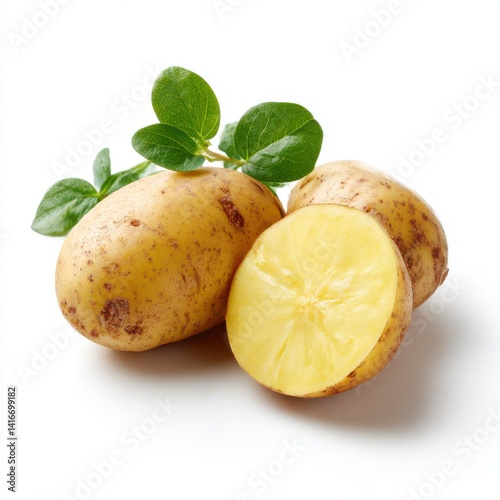 Potatoes and green leaves still life on white background