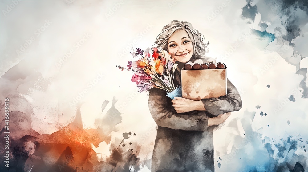 heartwarming mother's day gift: a son embracing his mother with chocolates and flowers - perfect for a sports interior poster celebrating love and appreciation!