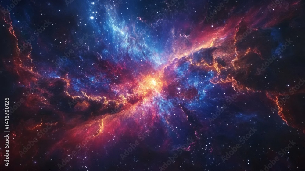 Fototapeta premium Vibrant Nebula in Deep Space with Red, Blue, and Orange Hues