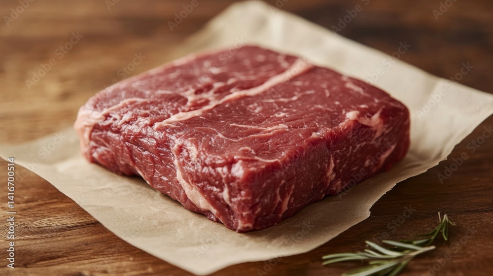 Raw Beef Steak on Brown Paper on Wooden Table Raw Beef Steak on Brown Paper on Wooden Table