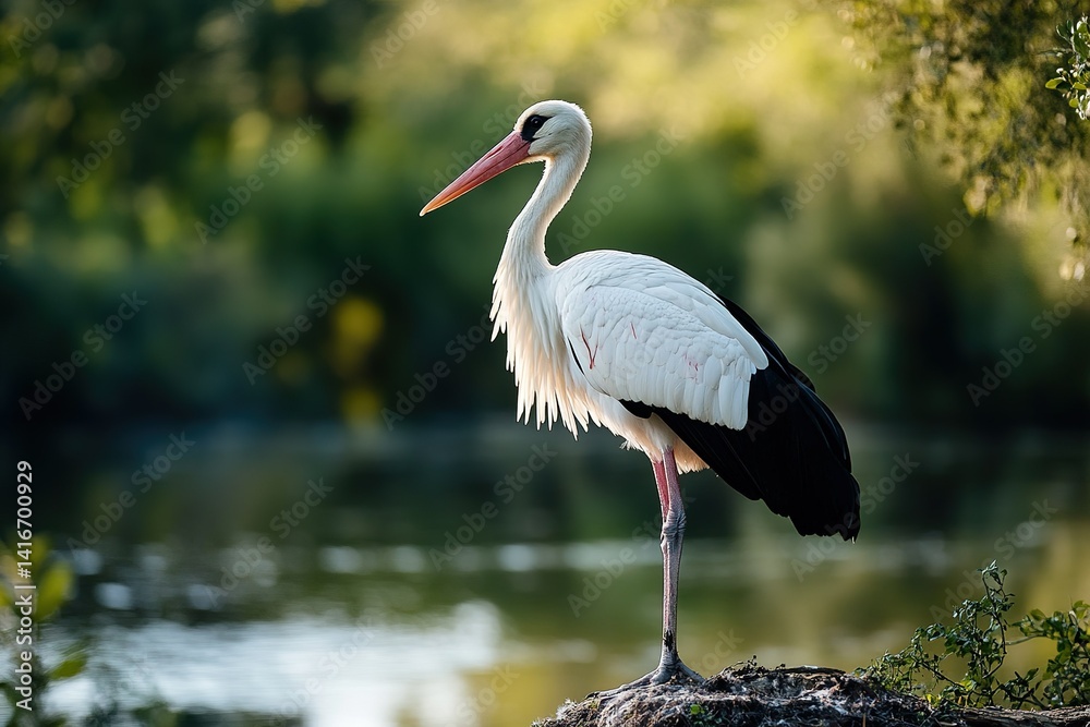 Fototapeta premium A tall and elegant stork standing gracefully near a riverbank, its wings folded