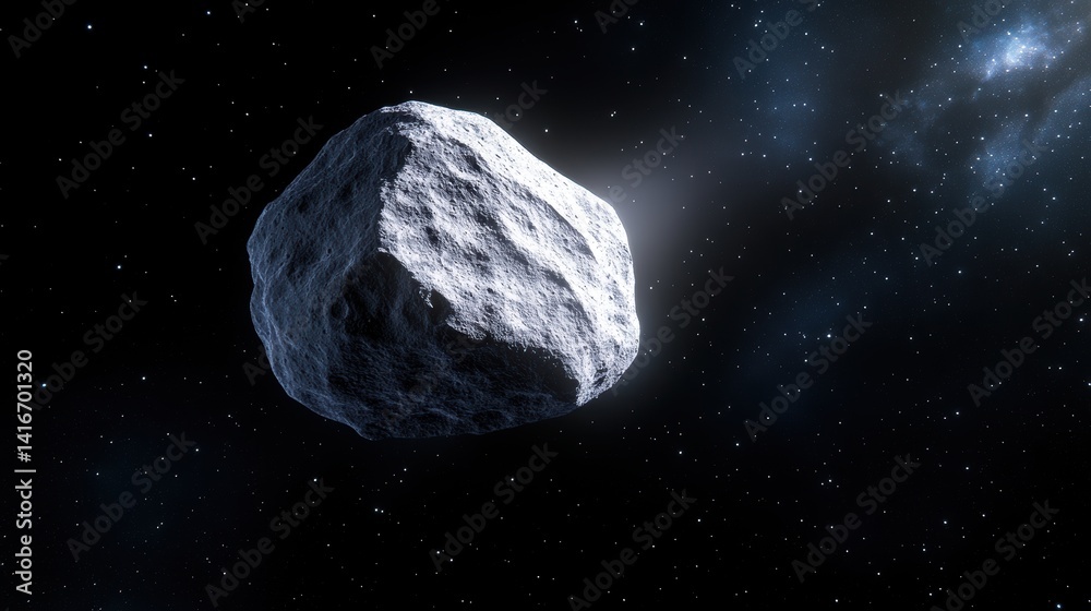 A detailed view of a rocky asteroid drifting through the vastness of space with stars