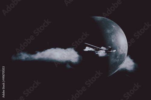 3D A dark surreal scene of an airplane flying across the moon, partially hidden by clouds, creating a mysterious and dreamy night-time atmosphere.